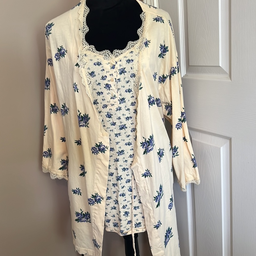 Vintage Victoria’s Secret Slip Gown and Kimono Robe Yellow Blue Floral Sz. S